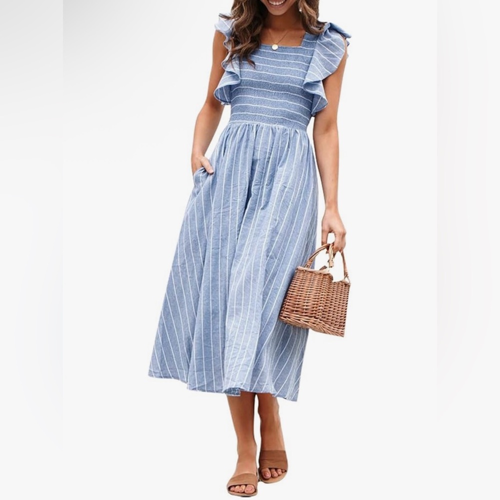 Miessial Womens Casual Midi Dress Short Sleeve Smocked with Pockets- size L